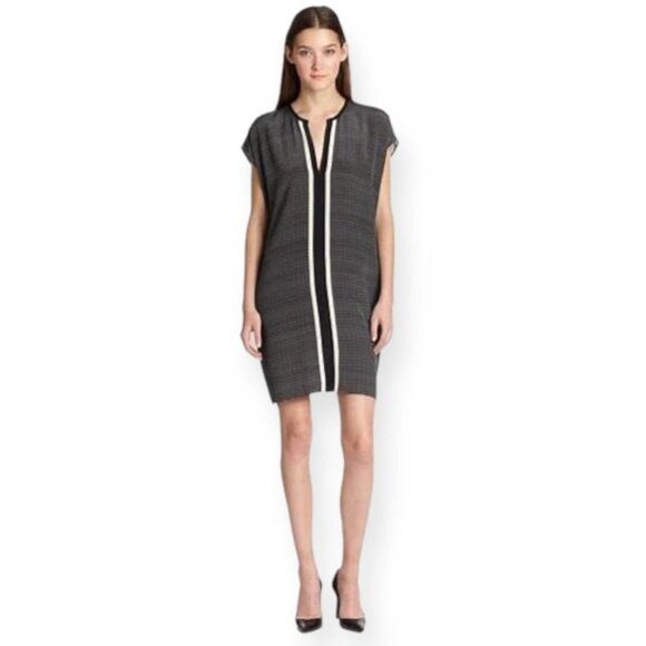 Vince Dresses & Skirts - Vince Silk Black Geometric Print Dolman Cap Sleeve Split V-Neck Mini Dress S NWT